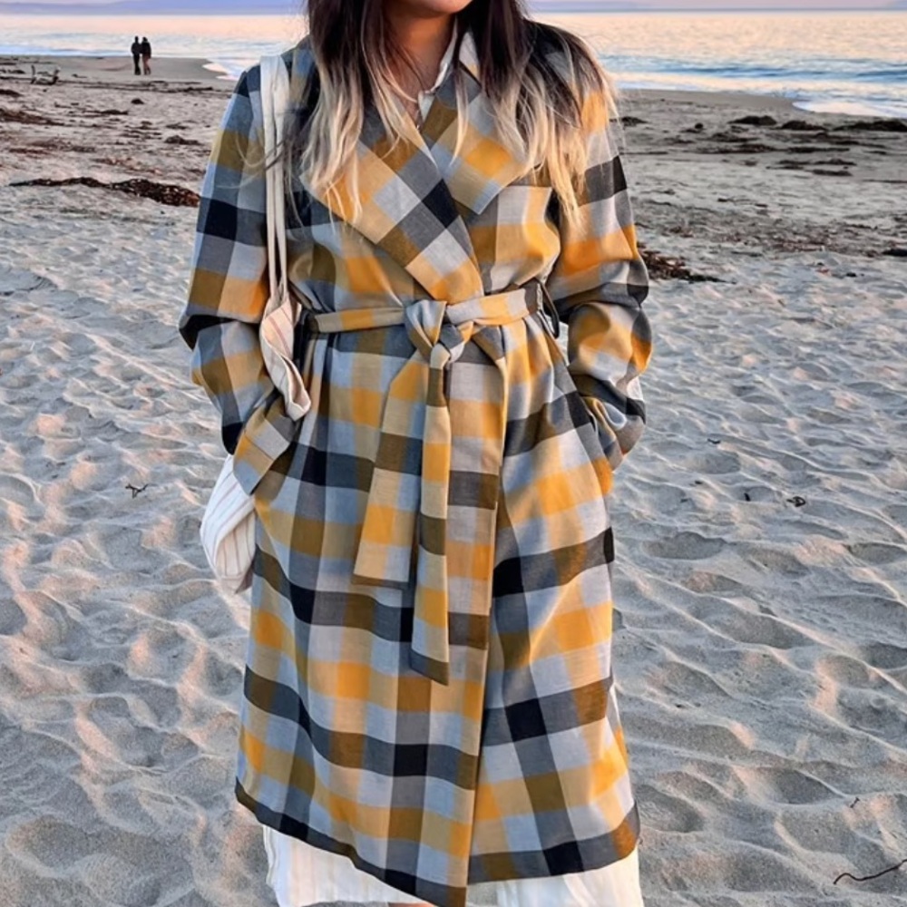Plaid Belted Coat in Yellow and Gray